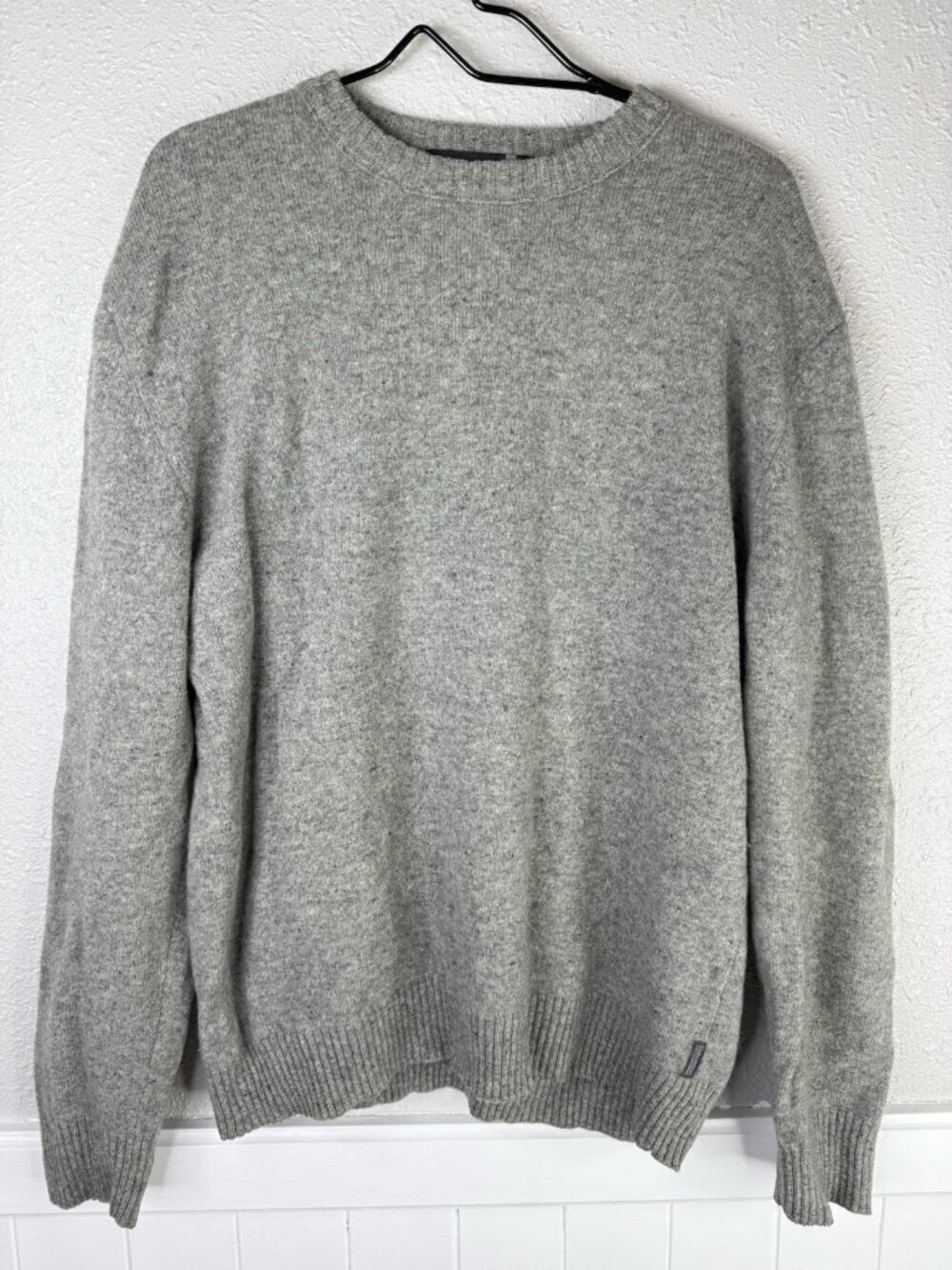 Fisherman Out Of Ireland Sweater Men XXL Gray Flecked Lambswool Knit Elbow Patch